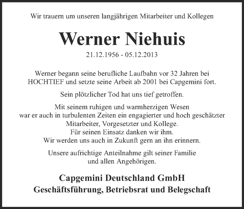  Traueranzeige für Werner Niehuis vom 10.12.2013 aus Ruhr Nachrichten und Dorstener Zeitung