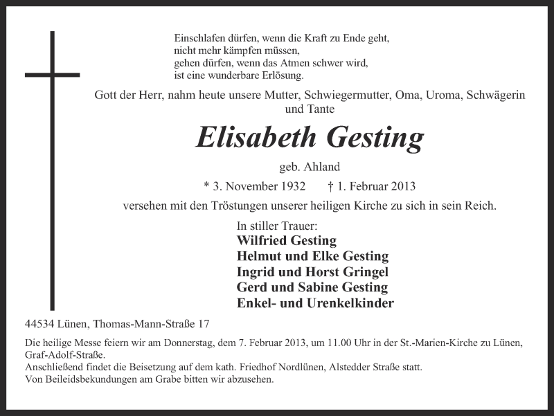  Traueranzeige für Elisabeth Gesting vom 04.02.2013 aus Ruhr Nachrichten