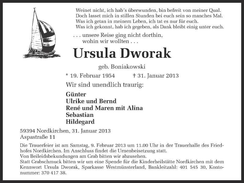  Traueranzeige für Ursula Dworak vom 05.02.2013 aus Ruhr Nachrichten