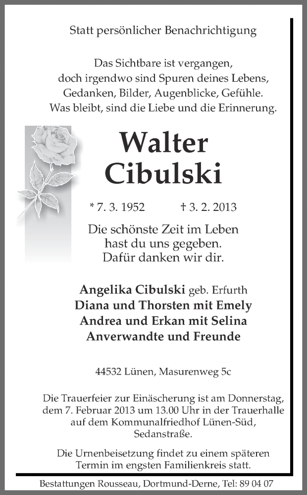  Traueranzeige für Walter Cibulski vom 05.02.2013 aus Ruhr Nachrichten
