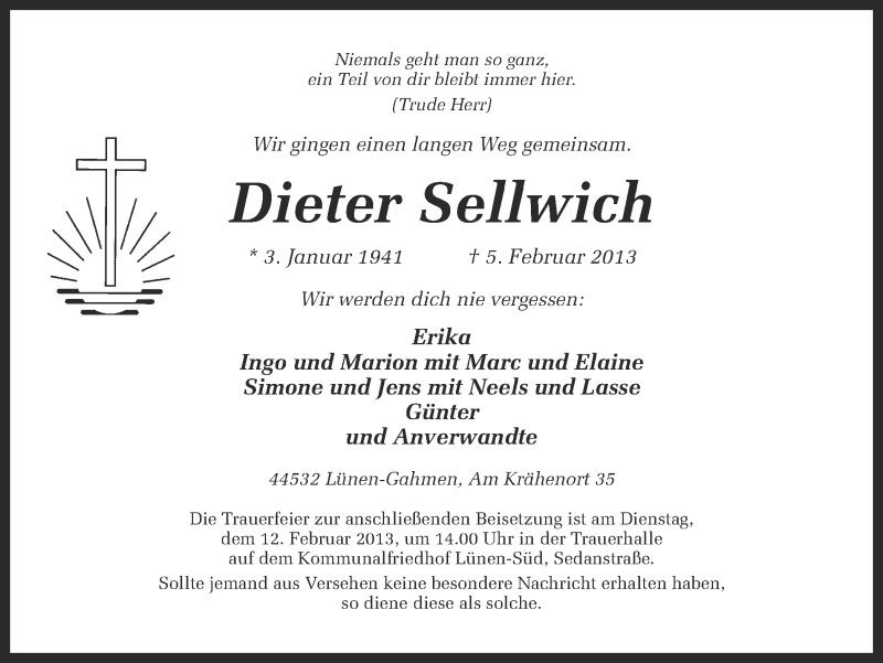  Traueranzeige für Dieter Sellwich vom 08.02.2013 aus Ruhr Nachrichten