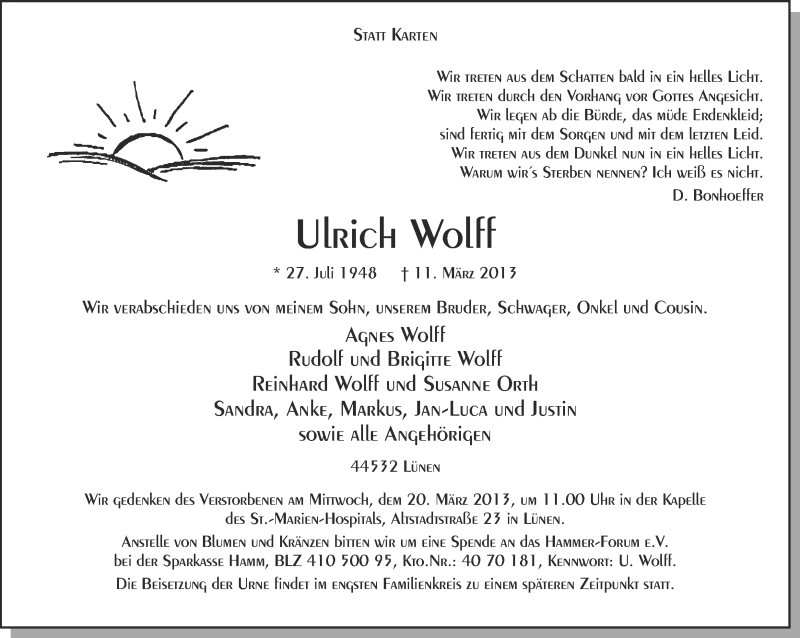  Traueranzeige für Ulrich Wolff vom 16.03.2013 aus Ruhr Nachrichten