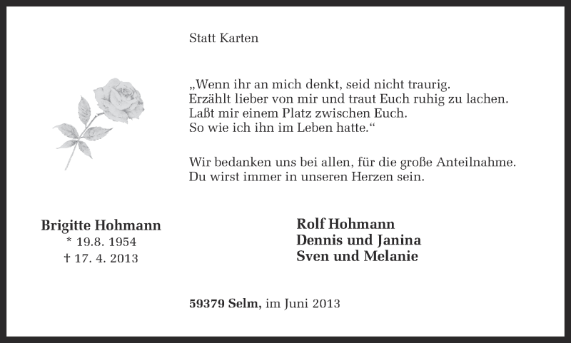  Traueranzeige für Brigitte Hohmann vom 05.06.2013 aus Ruhr Nachrichten