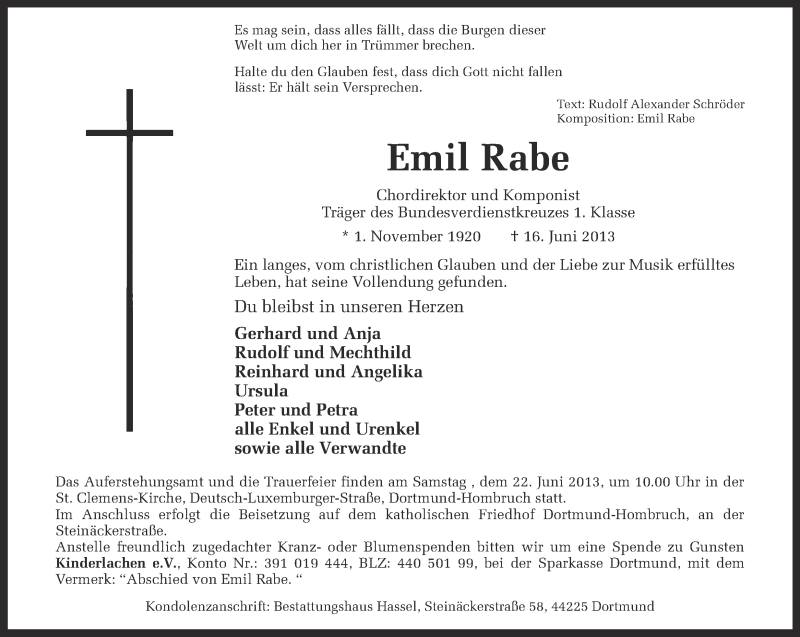  Traueranzeige für Emil Rabe vom 19.06.2013 aus Ruhr Nachrichten