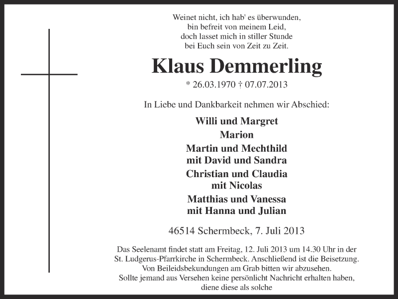  Traueranzeige für Klaus Demmerling vom 10.07.2013 aus Ruhr Nachrichten und Dorstener Zeitung