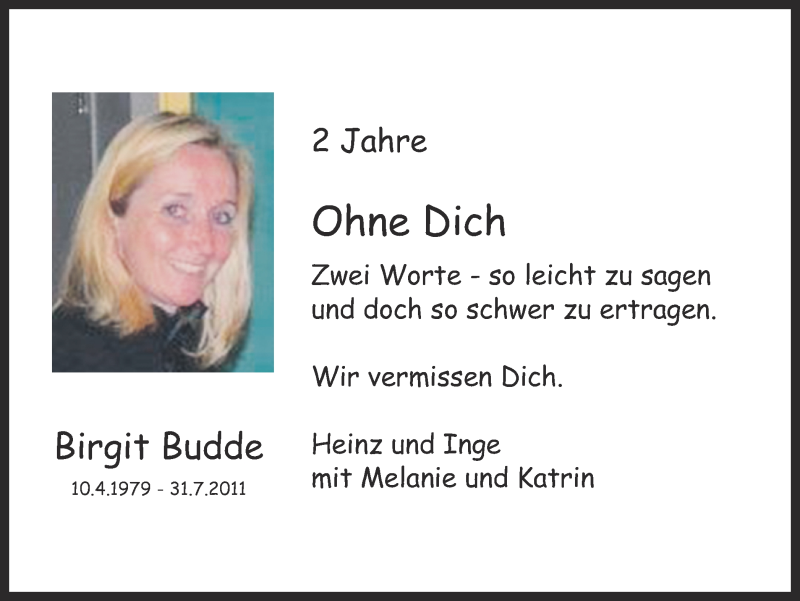  Traueranzeige für Birgit Budde vom 31.07.2013 aus Ruhr Nachrichten