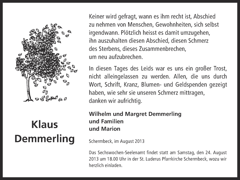  Traueranzeige für Klaus Demmerling vom 21.08.2013 aus Ruhr Nachrichten und Dorstener Zeitung