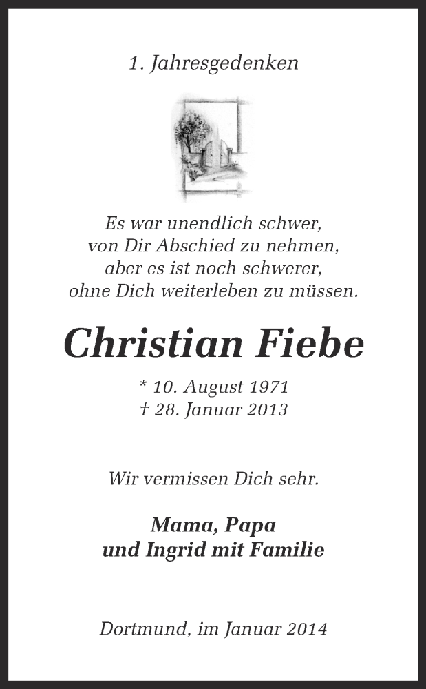  Traueranzeige für Christian Fiebe vom 28.01.2014 aus Ruhr Nachrichten