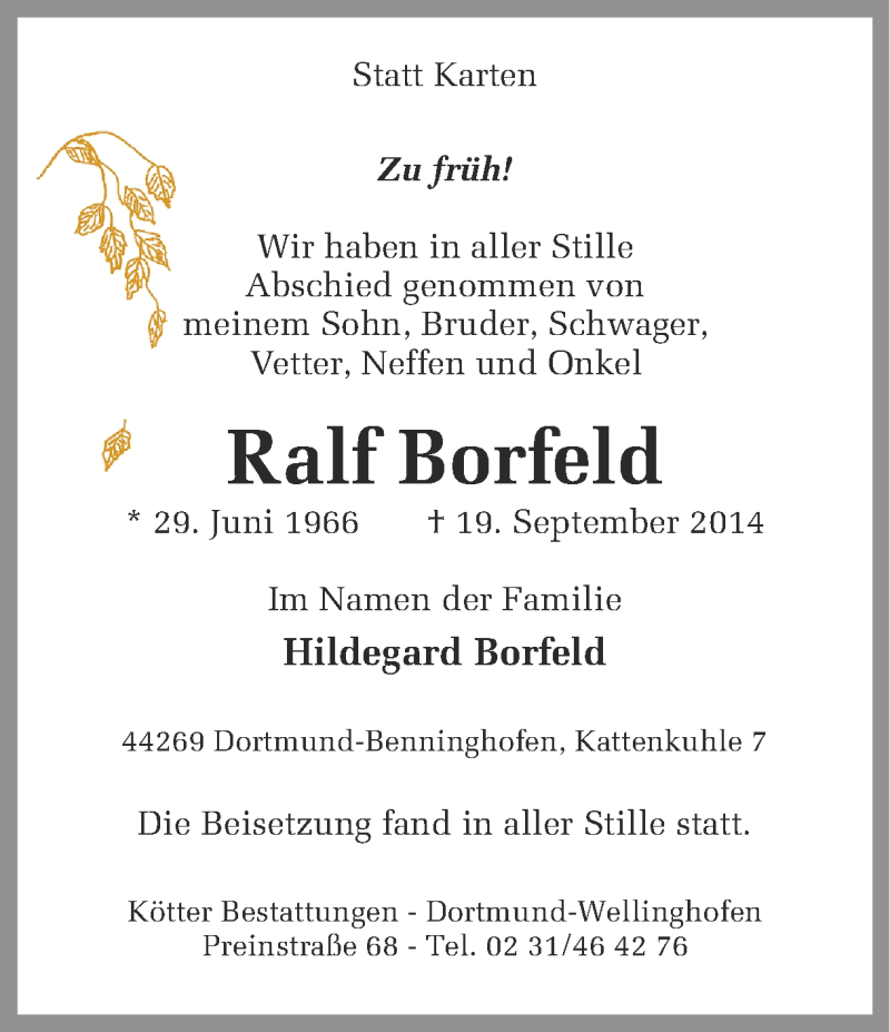 Traueranzeige für Ralf Borfeld vom 02.10.2014 aus Ruhr Nachrichten