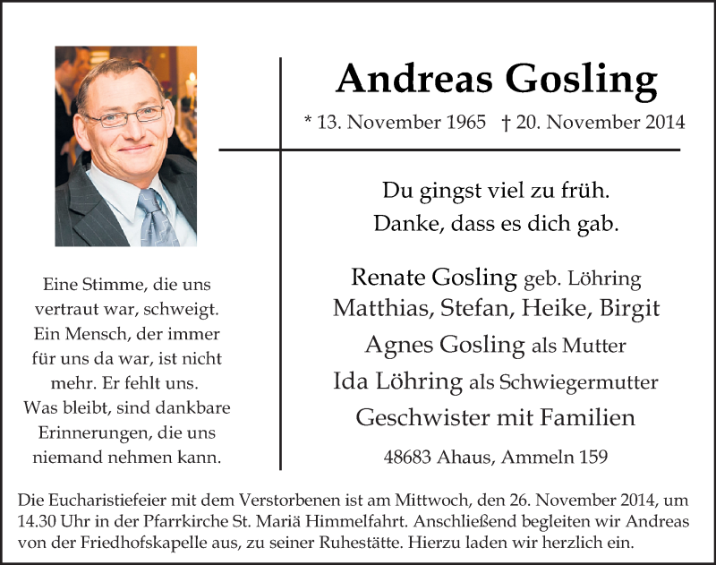  Traueranzeige für Andreas Gosling vom 24.11.2014 aus Münstersche Zeitung und Münsterland Zeitung