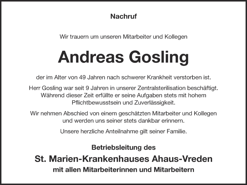  Traueranzeige für Andreas Gosling vom 25.11.2014 aus Münstersche Zeitung und Münsterland Zeitung