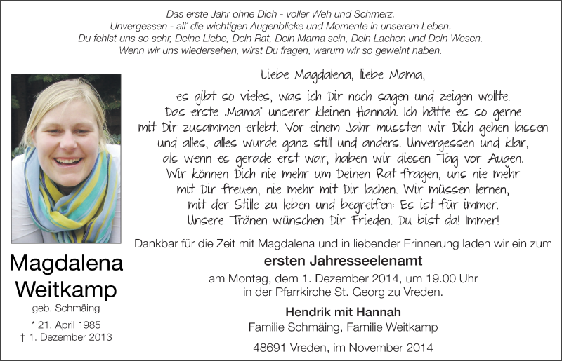  Traueranzeige für Magdalena Weitkamp vom 29.11.2014 aus Münstersche Zeitung und Münsterland Zeitung
