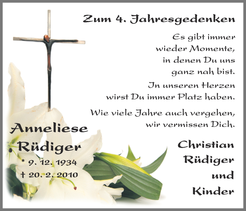  Traueranzeige für Anneliese Rüdiger vom 20.02.2014 aus Ruhr Nachrichten und Halterner Zeitung