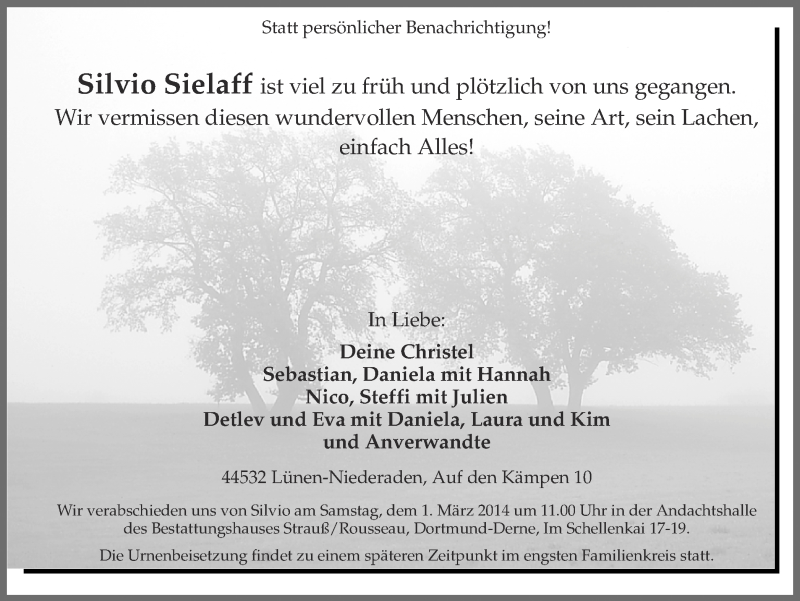  Traueranzeige für Silvio Sielaff vom 27.02.2014 aus Ruhr Nachrichten