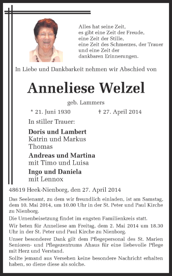 Traueranzeige von Anneliese Welzel von Münstersche Zeitung und Münsterland Zeitung