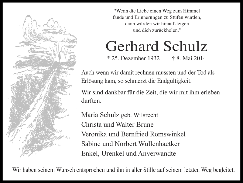  Traueranzeige für Gerhard Schulz vom 13.05.2014 aus Ruhr Nachrichten und Dorstener Zeitung