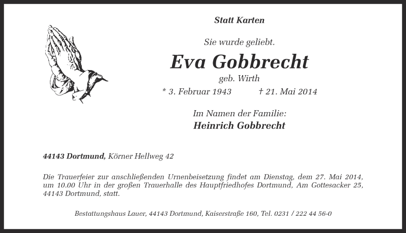  Traueranzeige für Eva Gobbrecht vom 24.05.2014 aus Ruhr Nachrichten