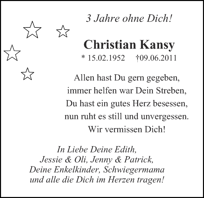  Traueranzeige für Christian Kansy vom 10.06.2014 aus Ruhr Nachrichten