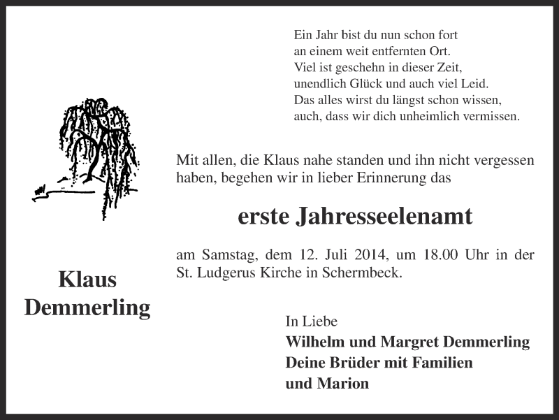  Traueranzeige für Klaus Demmerling vom 09.07.2014 aus Ruhr Nachrichten und Dorstener Zeitung