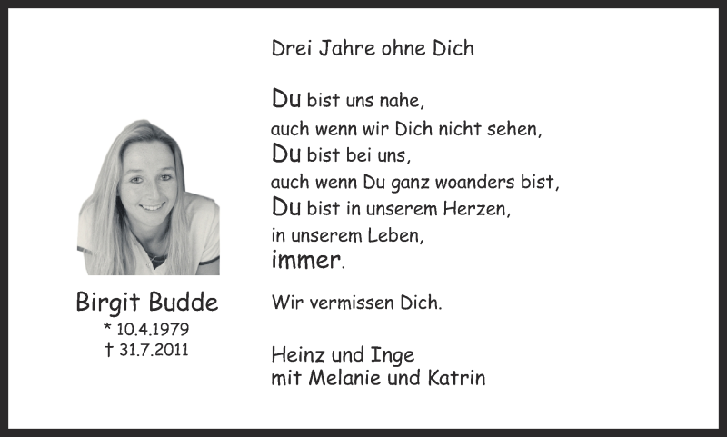  Traueranzeige für Birgit Budde vom 31.07.2014 aus Ruhr Nachrichten