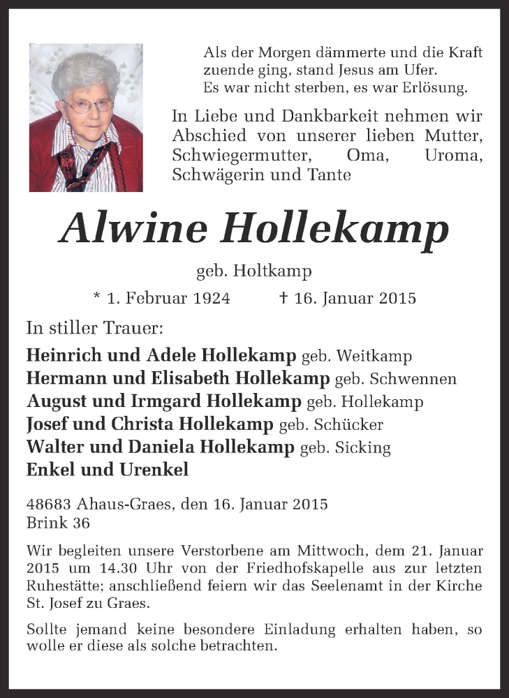  Traueranzeige für Alwine Hollekamp vom 19.01.2015 aus Münstersche Zeitung und Münsterland Zeitung