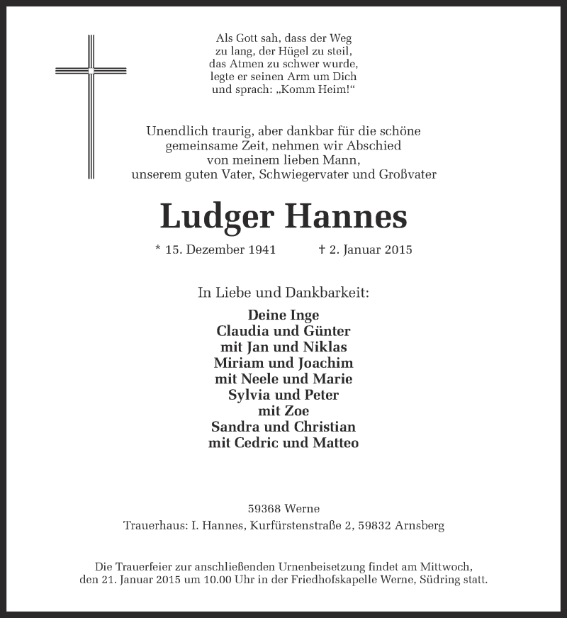  Traueranzeige für Ludger Hannes vom 17.01.2015 aus Ruhr Nachrichten