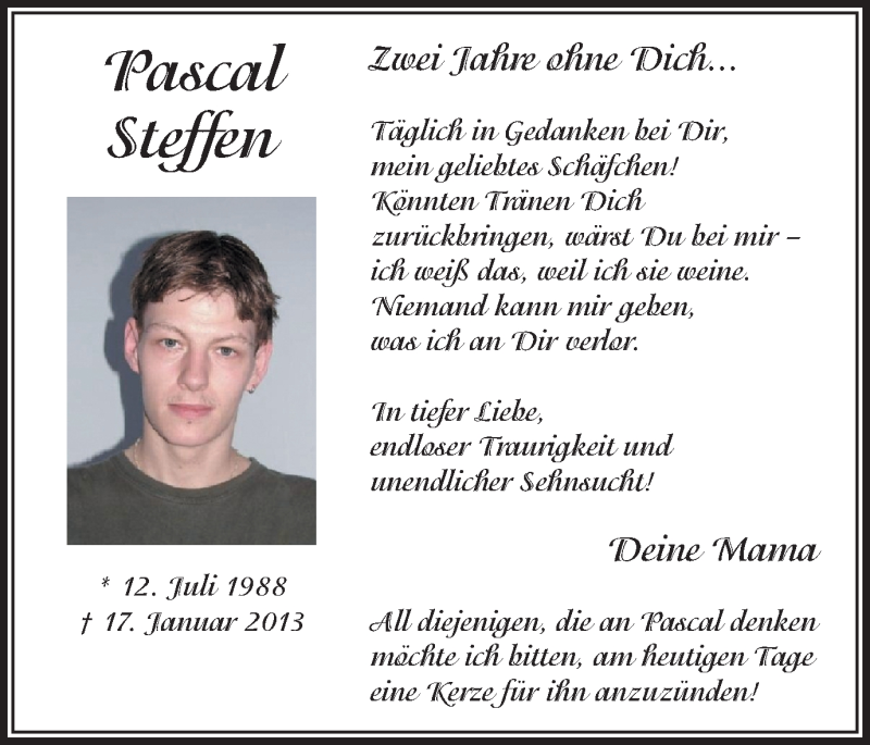  Traueranzeige für Pascal Steffen vom 17.01.2015 aus Ruhr Nachrichten und Halterner Zeitung
