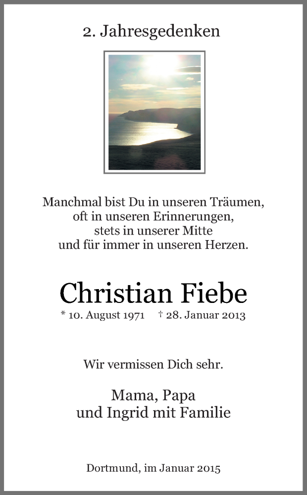  Traueranzeige für Christian Fiebe vom 28.01.2015 aus Ruhr Nachrichten