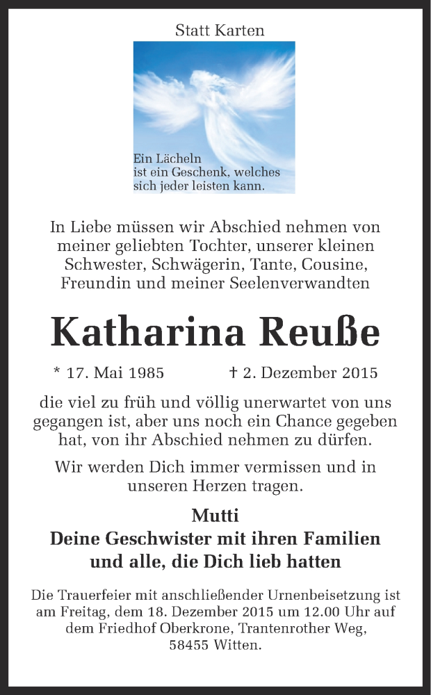  Traueranzeige für Katharina Reuße vom 12.12.2015 aus Ruhr Nachrichten