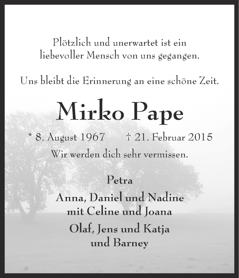  Traueranzeige für Mirko Pape vom 28.02.2015 aus Ruhr Nachrichten
