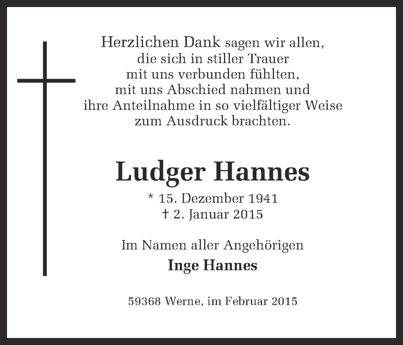  Traueranzeige für Ludger Hannes vom 14.02.2015 aus Ruhr Nachrichten