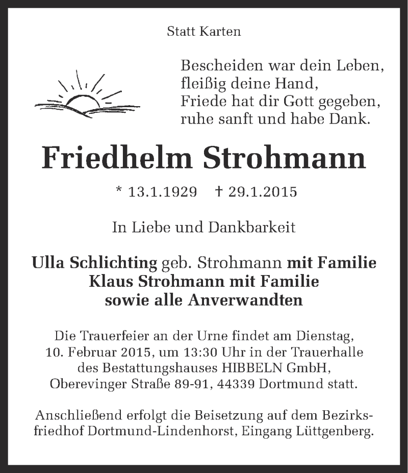  Traueranzeige für Friedhelm Strohmann vom 07.02.2015 aus Ruhr Nachrichten