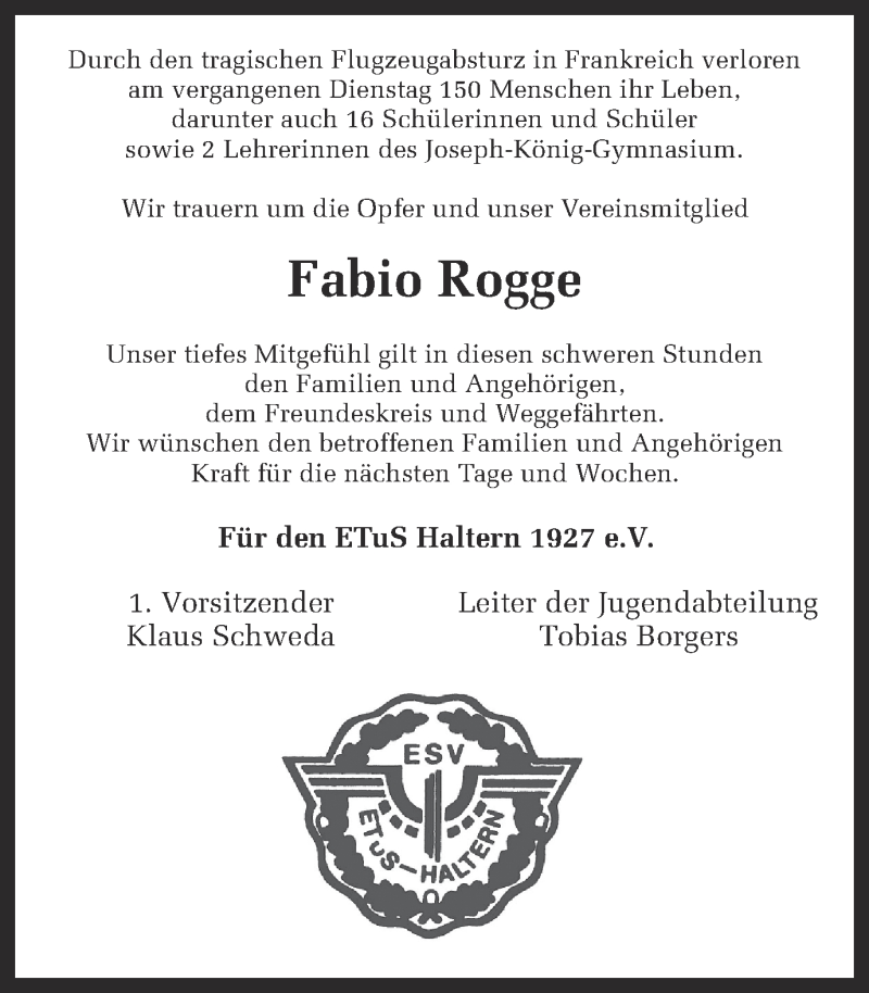  Traueranzeige für Fabio Rogge vom 27.03.2015 aus Ruhr Nachrichten und Halterner Zeitung