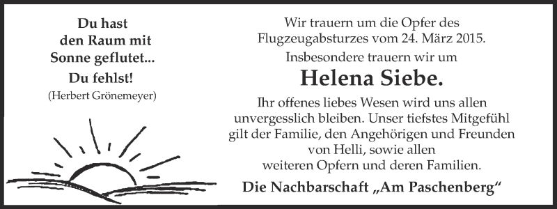  Traueranzeige für Helena Siebe vom 08.04.2015 aus Ruhr Nachrichten und Halterner Zeitung