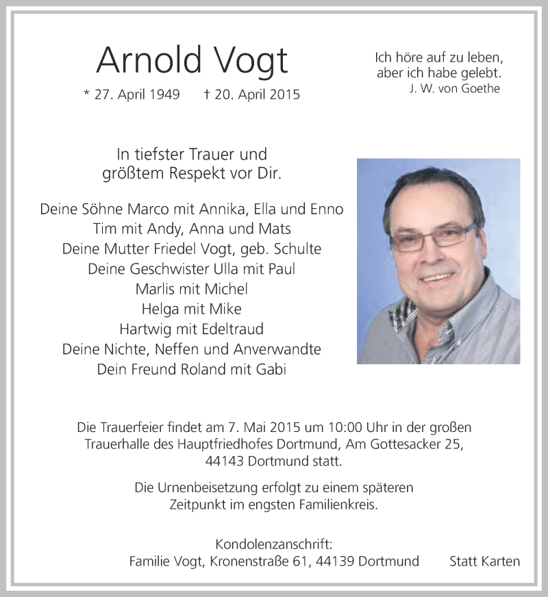  Traueranzeige für Arnold Vogt vom 25.04.2015 aus Ruhr Nachrichten