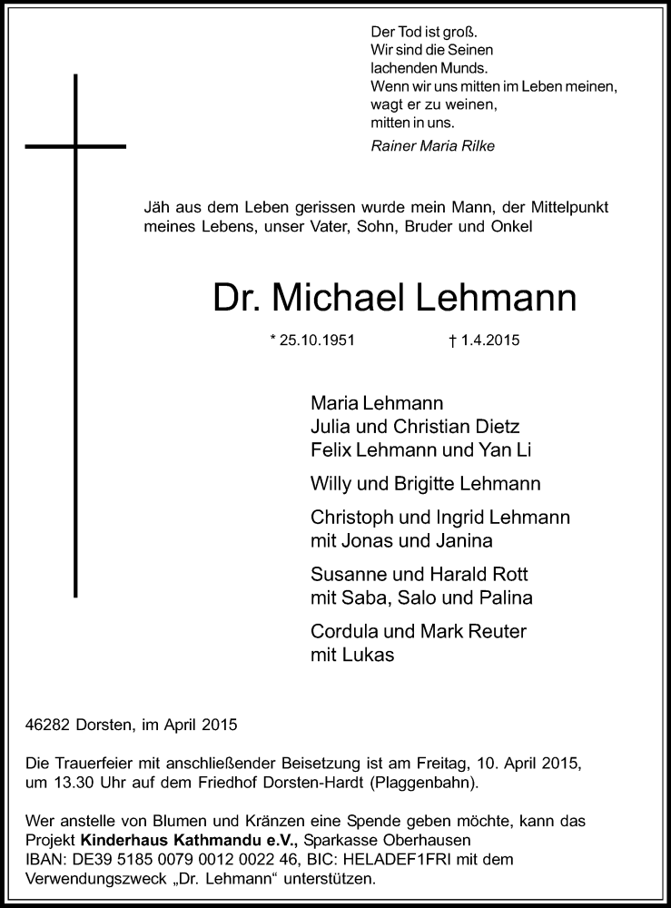  Traueranzeige für Michael Lehmann vom 08.04.2015 aus Ruhr Nachrichten und Dorstener Zeitung