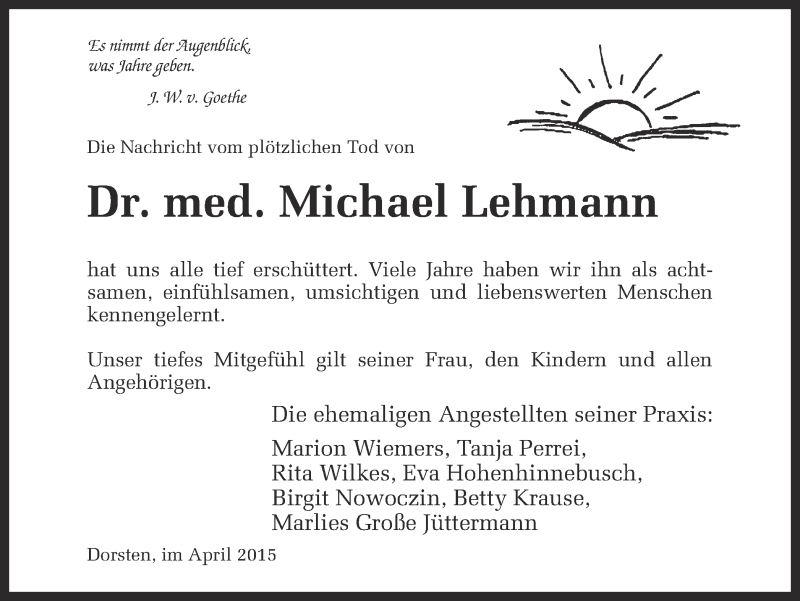  Traueranzeige für Michael Lehmann vom 09.04.2015 aus Ruhr Nachrichten und Dorstener Zeitung