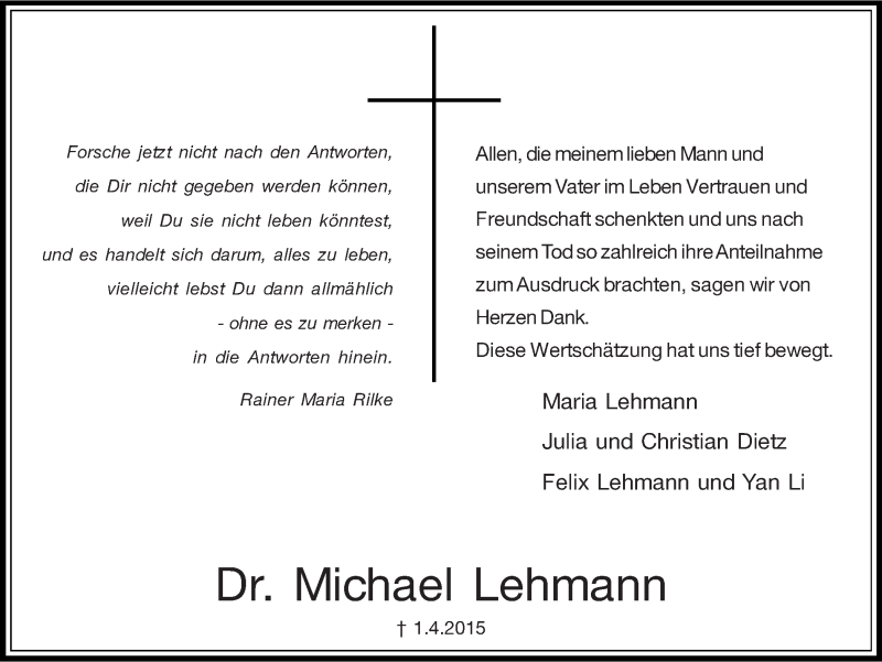  Traueranzeige für Michael Lehmann vom 16.05.2015 aus Ruhr Nachrichten und Dorstener Zeitung