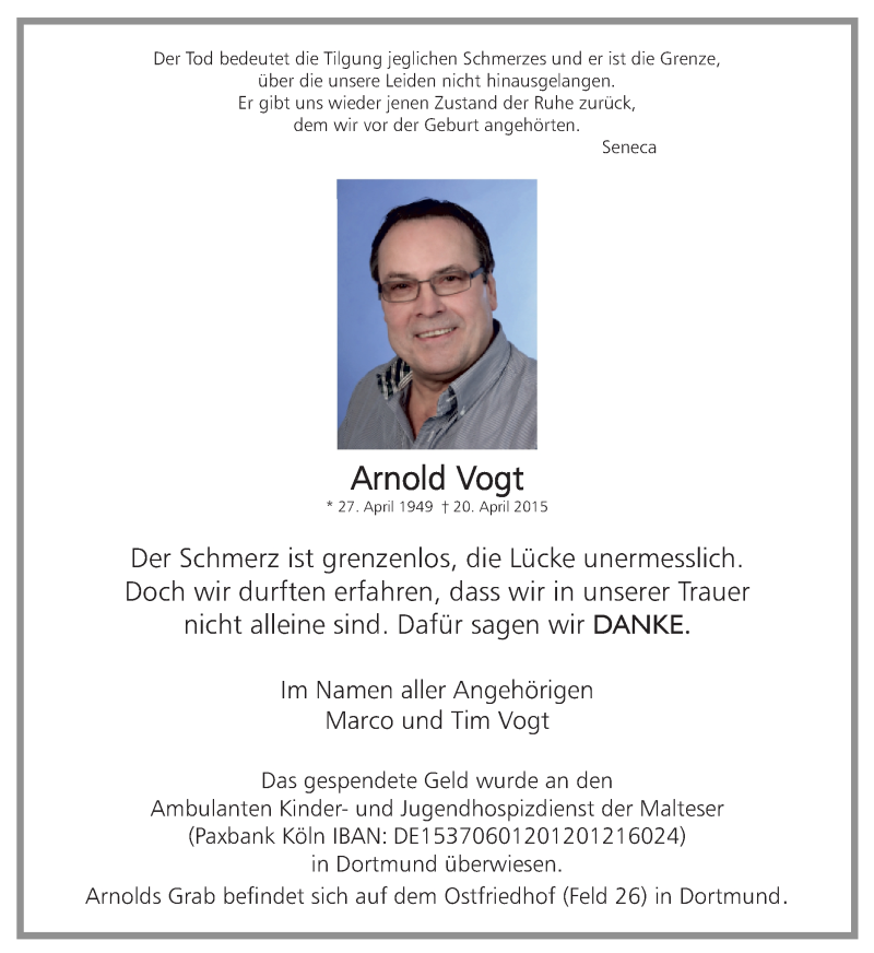  Traueranzeige für Arnold Vogt vom 06.06.2015 aus Ruhr Nachrichten