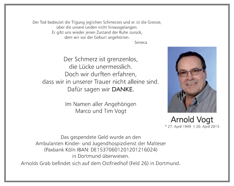  Traueranzeige für Arnold Vogt vom 06.06.2015 aus Ruhr Nachrichten