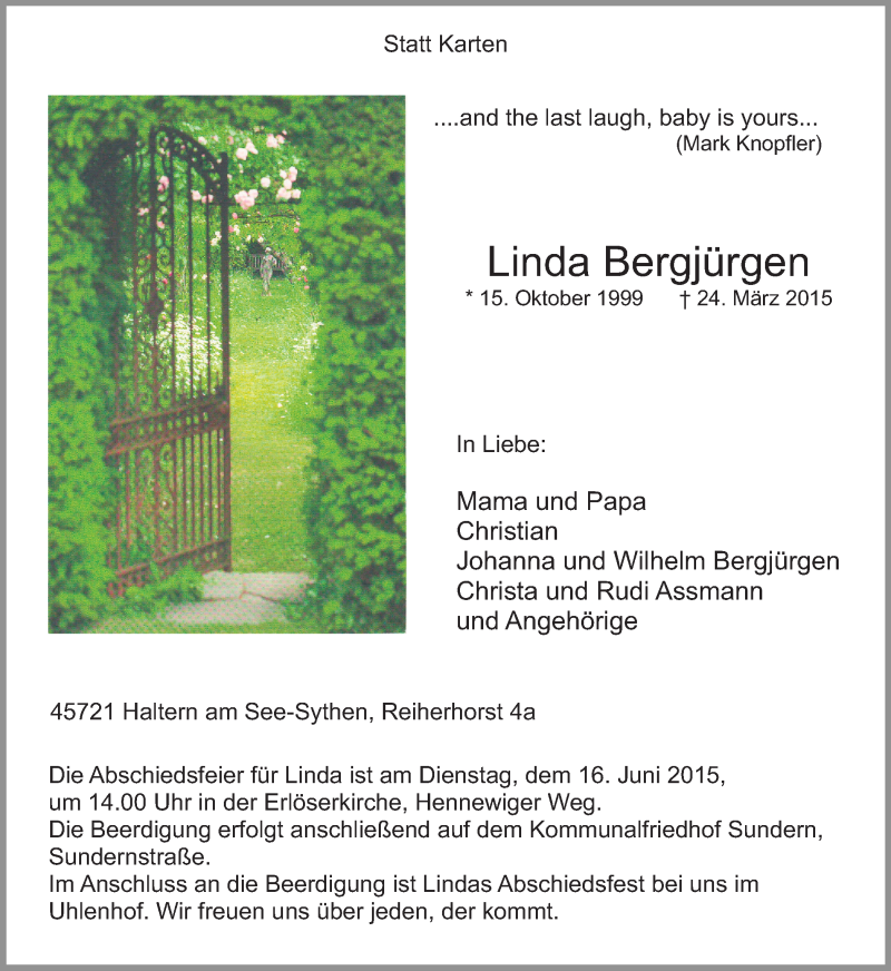  Traueranzeige für Linda Bergjürgen vom 10.06.2015 aus Ruhr Nachrichten und Halterner Zeitung