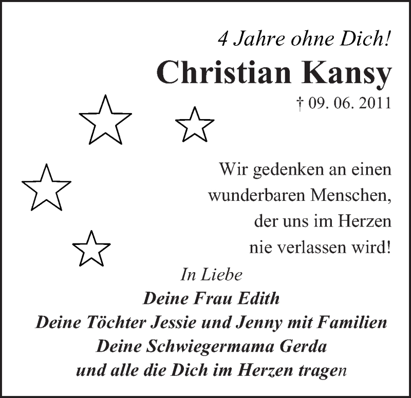  Traueranzeige für Christian Kansy vom 09.06.2015 aus Ruhr Nachrichten