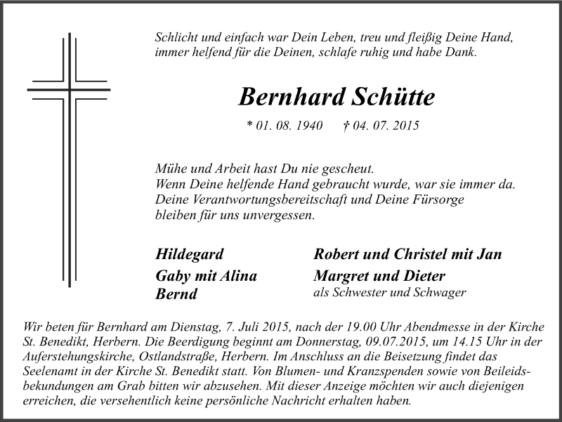  Traueranzeige für Bernhard Schütte vom 06.07.2015 aus Ruhr Nachrichten