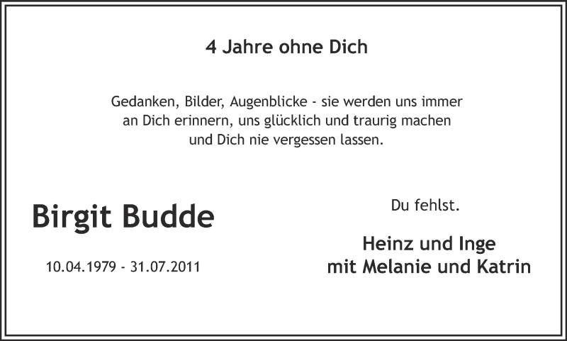 Traueranzeige für Birgit Budde vom 31.07.2015 aus Ruhr Nachrichten