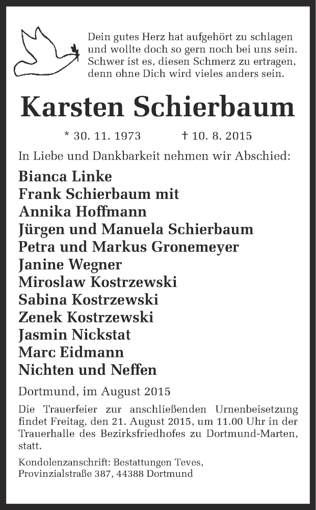  Traueranzeige für Karsten Schierbaum vom 19.08.2015 aus Ruhr Nachrichten