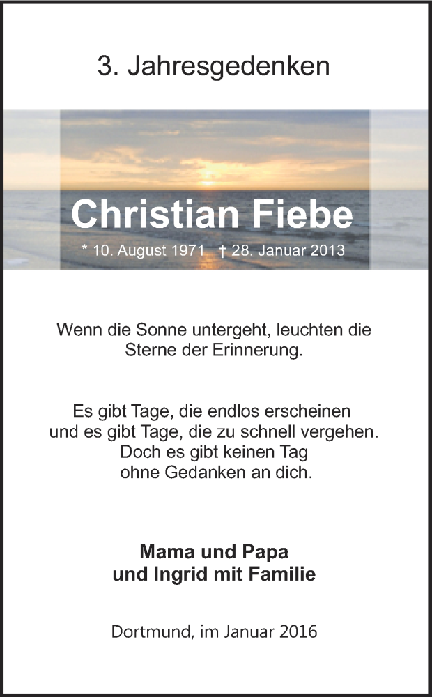  Traueranzeige für Christian Fiebe vom 28.01.2016 aus Ruhr Nachrichten