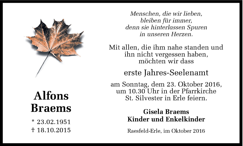  Traueranzeige für Alfons Braems vom 19.10.2016 aus Ruhr Nachrichten und Dorstener Zeitung