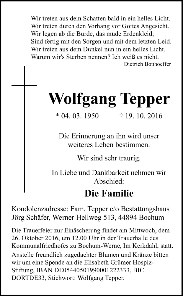  Traueranzeige für Wolfgang Tepper vom 22.10.2016 aus Ruhr Nachrichten