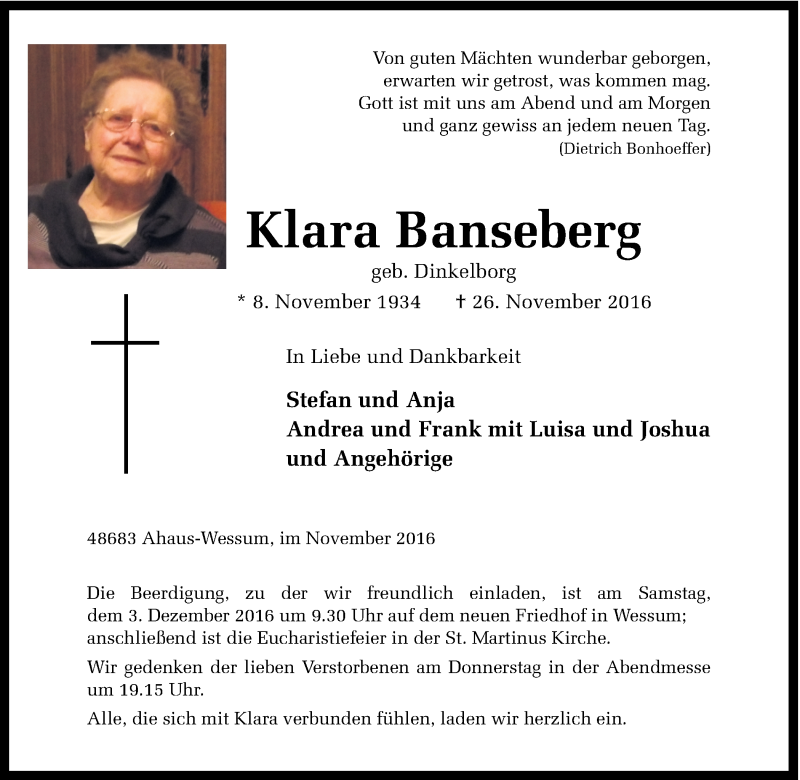  Traueranzeige für Klara Banseberg vom 29.11.2016 aus Münstersche Zeitung und Münsterland Zeitung