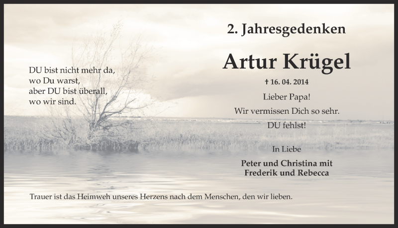  Traueranzeige für Artur Krügel vom 16.04.2016 aus Ruhr Nachrichten
